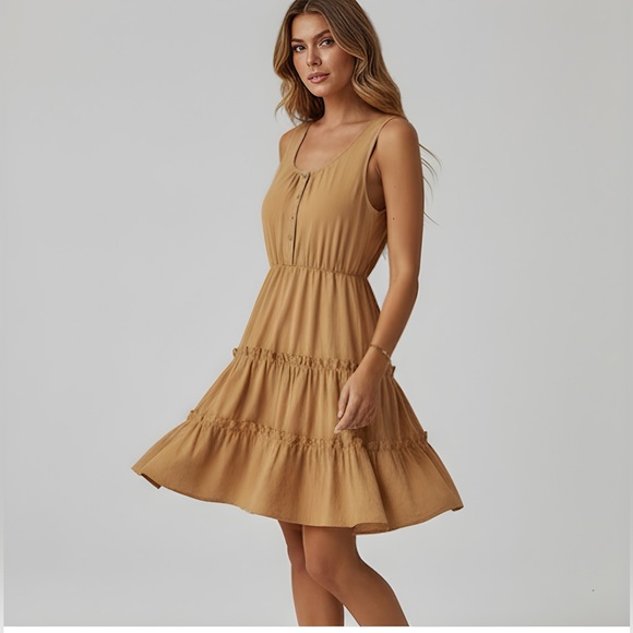 Brown Cotton  Ruffle Hem Dress - Picture 3 of 6